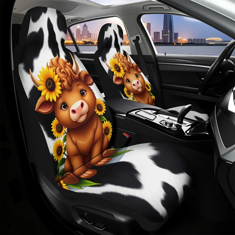 2pcs, Sunflower Highland Cow Print Front Seat Covers, Thoughtful Present for Anyone Who Drives Often, Simple to Use for Everyday Front Seat, Enhances Car Interior with Front Seat Makeover