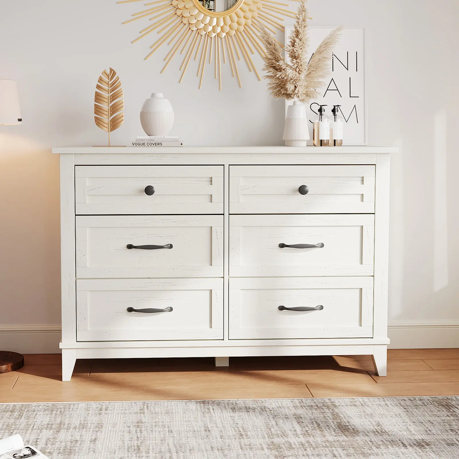 6 Drawer Dresser for Bedroom Wooden 47 Inch Wide Storage Chest for Living Room Modern Chic Clothes Cabinet with Ample Storage Space