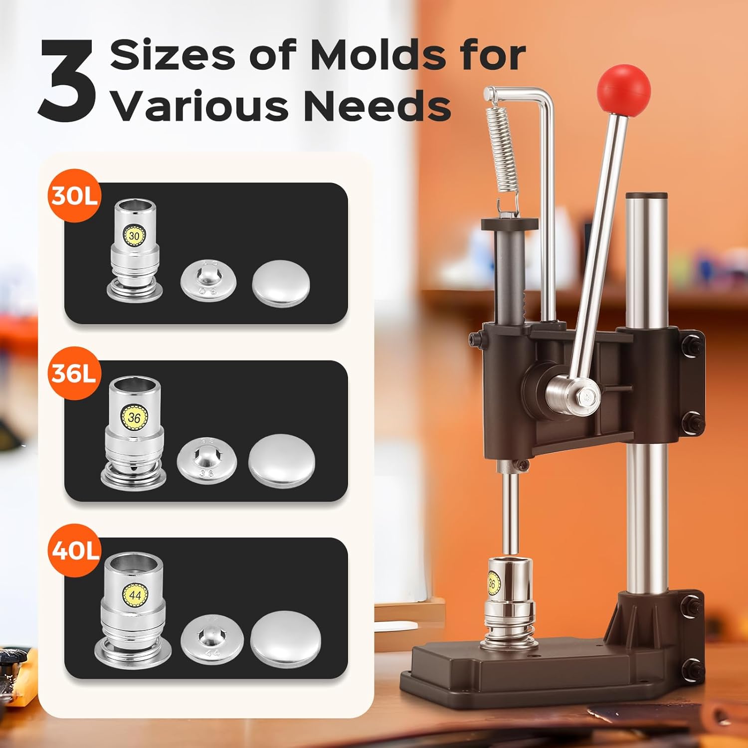 Fabric Button Maker, Cloth Cover Button Press with 3 Molds(18 22 28mm), Fabric Covered Button Maker Kit with 300 count Button Shells