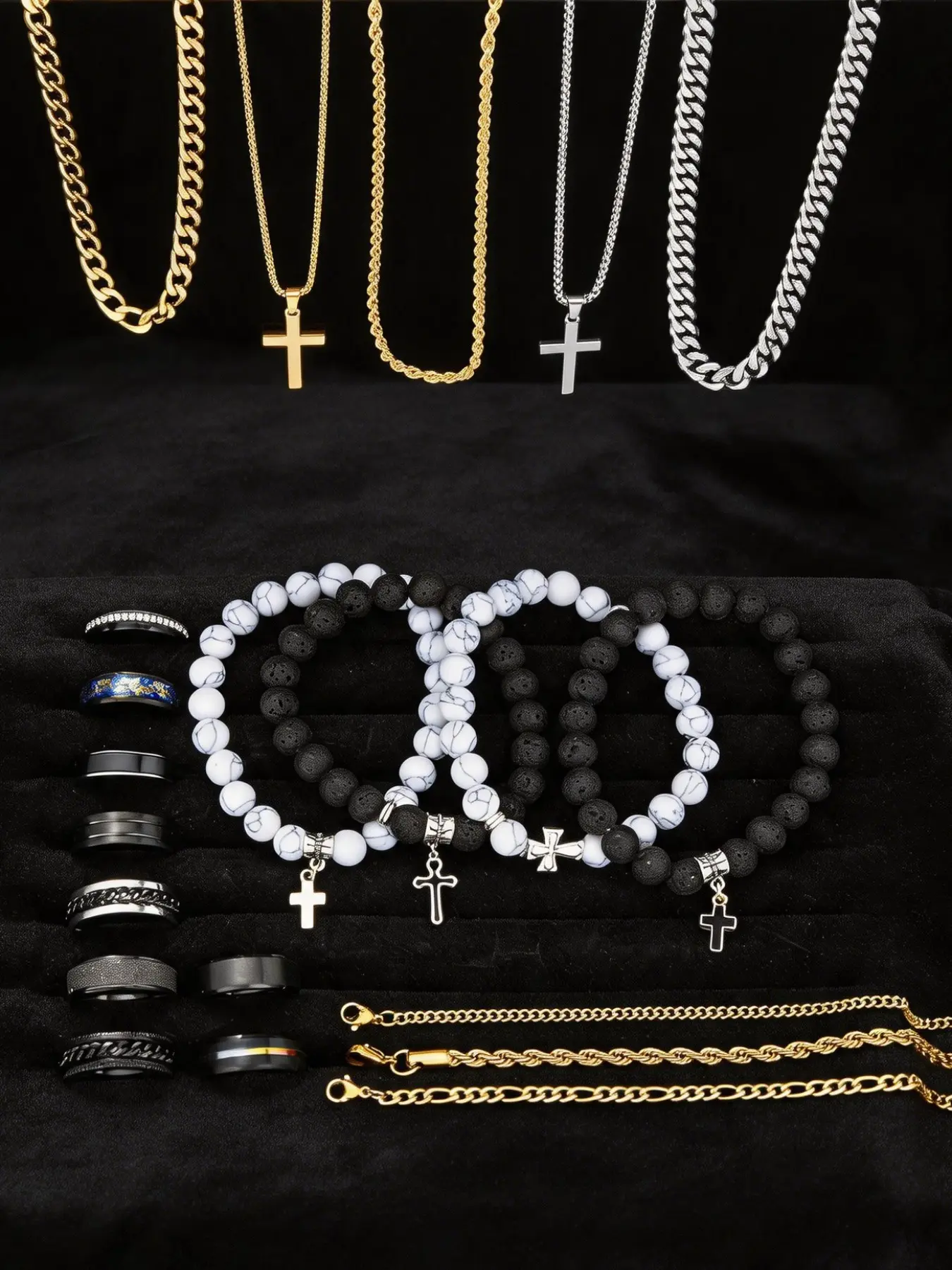 21pcs Men's Jewelry Set, Casual Cross Ring, Beaded Elastic Bracelet, Stainless Steel Pendant Necklace, Ideal Gift for Father's Day