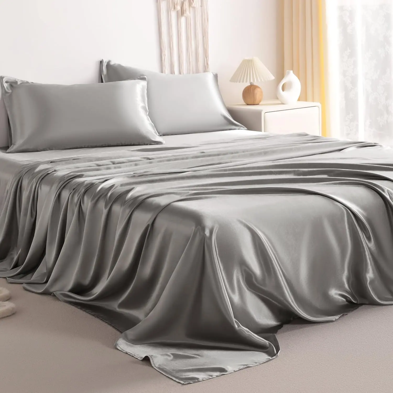 Silk King Sheet Set, 4-Piece Luxury and Soft Bedding Set Cooling Sheets for Hair and Skin, Includes 2 Pillowcases, 1 Flat Sheet, 1 Fitted Sheet with Deep, Grey
