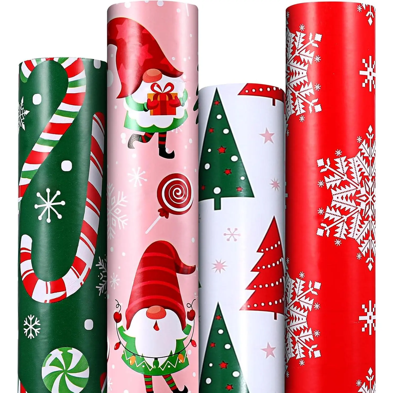 Christmas Wrapping Paper 4 Rolls with Santa Claus, Snowflakes, Candy, Pine Designs, for Men Women , 16.9 In x 16.4 , for Christmas, Holiday, Party Celebration