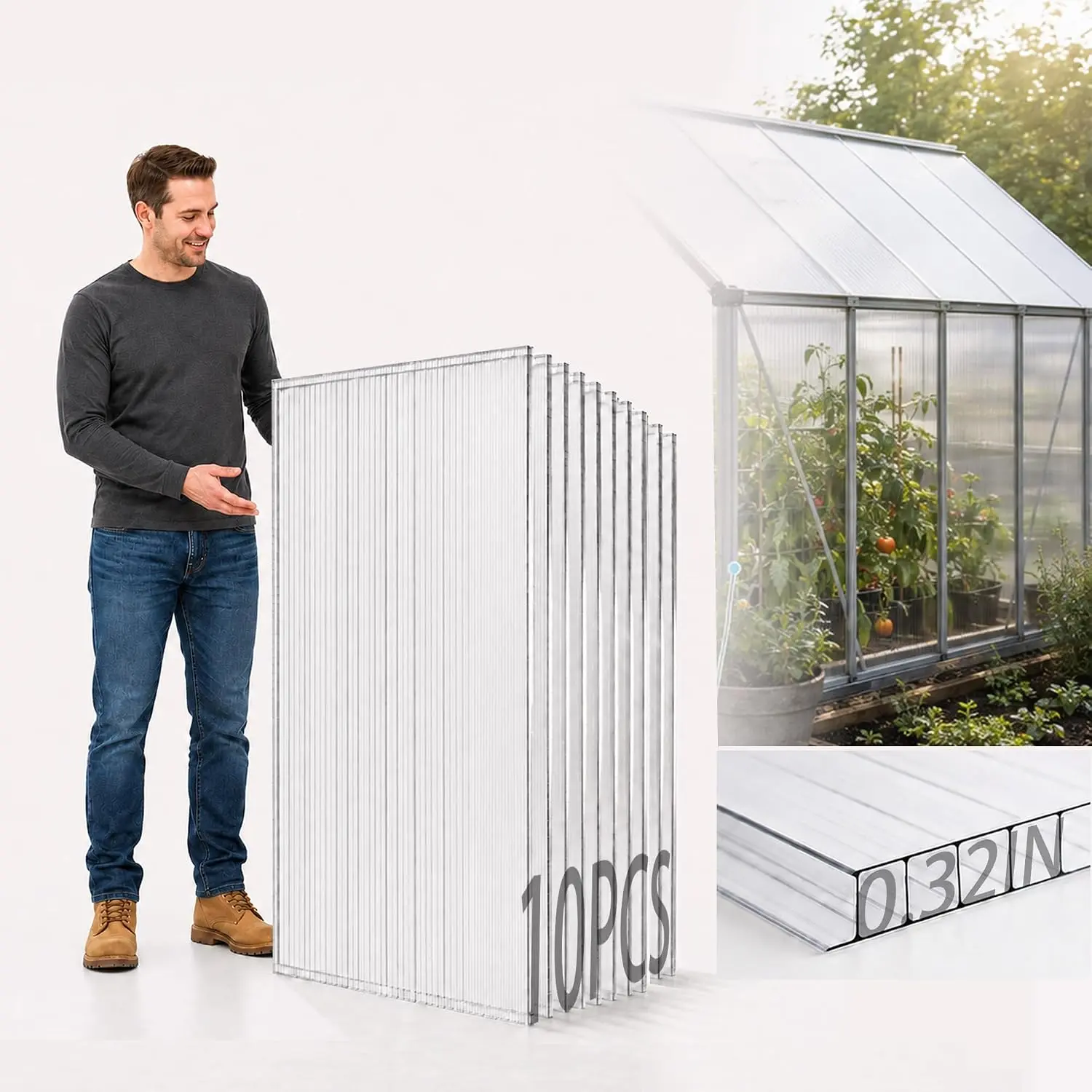 10 Pack Polycarbonate Greenhouse Panels, 4' x 2' x 0.32'' -Wall Polycarbonate Sheets,  Weather Clear Roof Panels Greenhouse  Panels