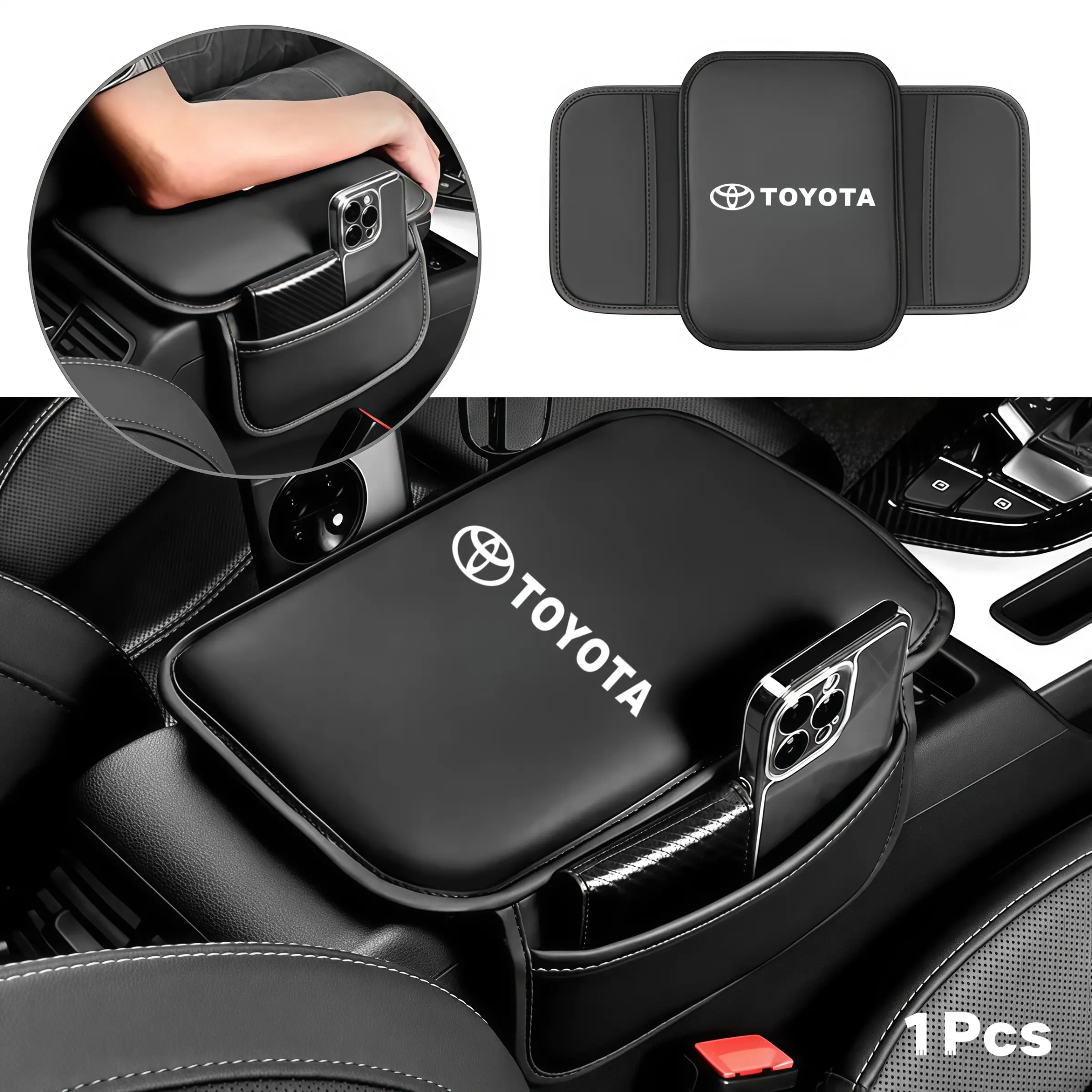 Universal Leather Car Armrest Box Pad with Pocket, Car Organizers and Storage, Central Memory for Toyota Rav4, Gr 86, Supra, Yaris, Car Accessories