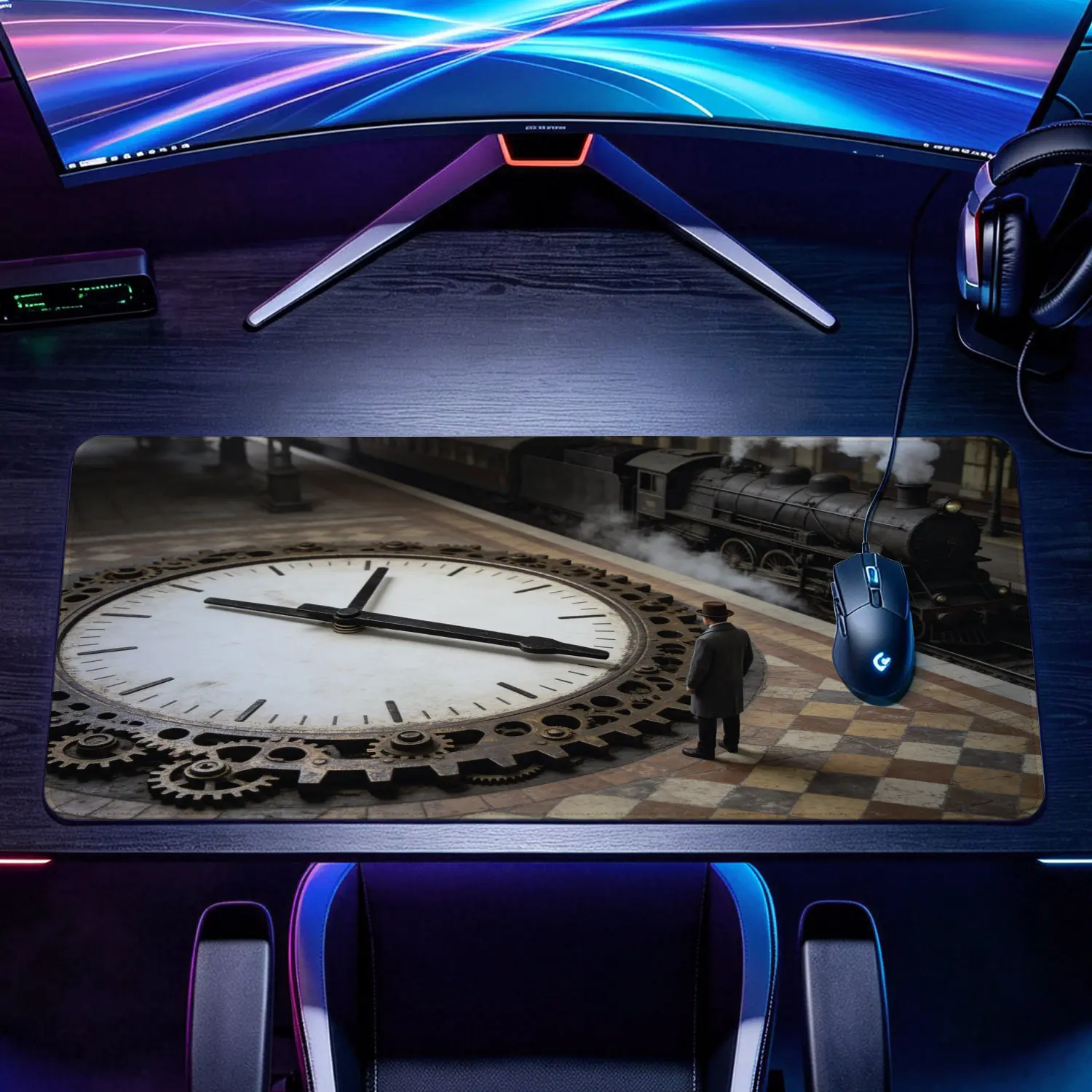 Extra Large retro steam locomotive and vintage station clock Mouse Pad,Non Slip Rubber Pad,Desktop Decoration Drotection Pad,Washable,Lock Edge Multi Size,Premium Multipurpose Mousepad For Study,Workspace,Gift for Family and Friends