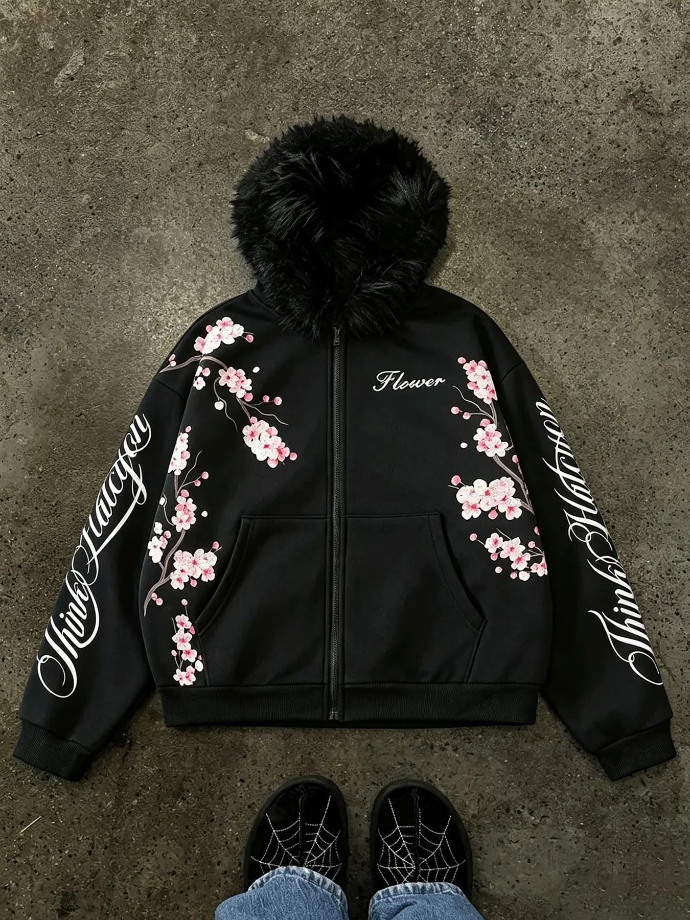Y2K Big Faux Fur Hood Zip Hoodie Men Cherry Blossom Floral Graphic Oversized Cropped Streetwear Jacket