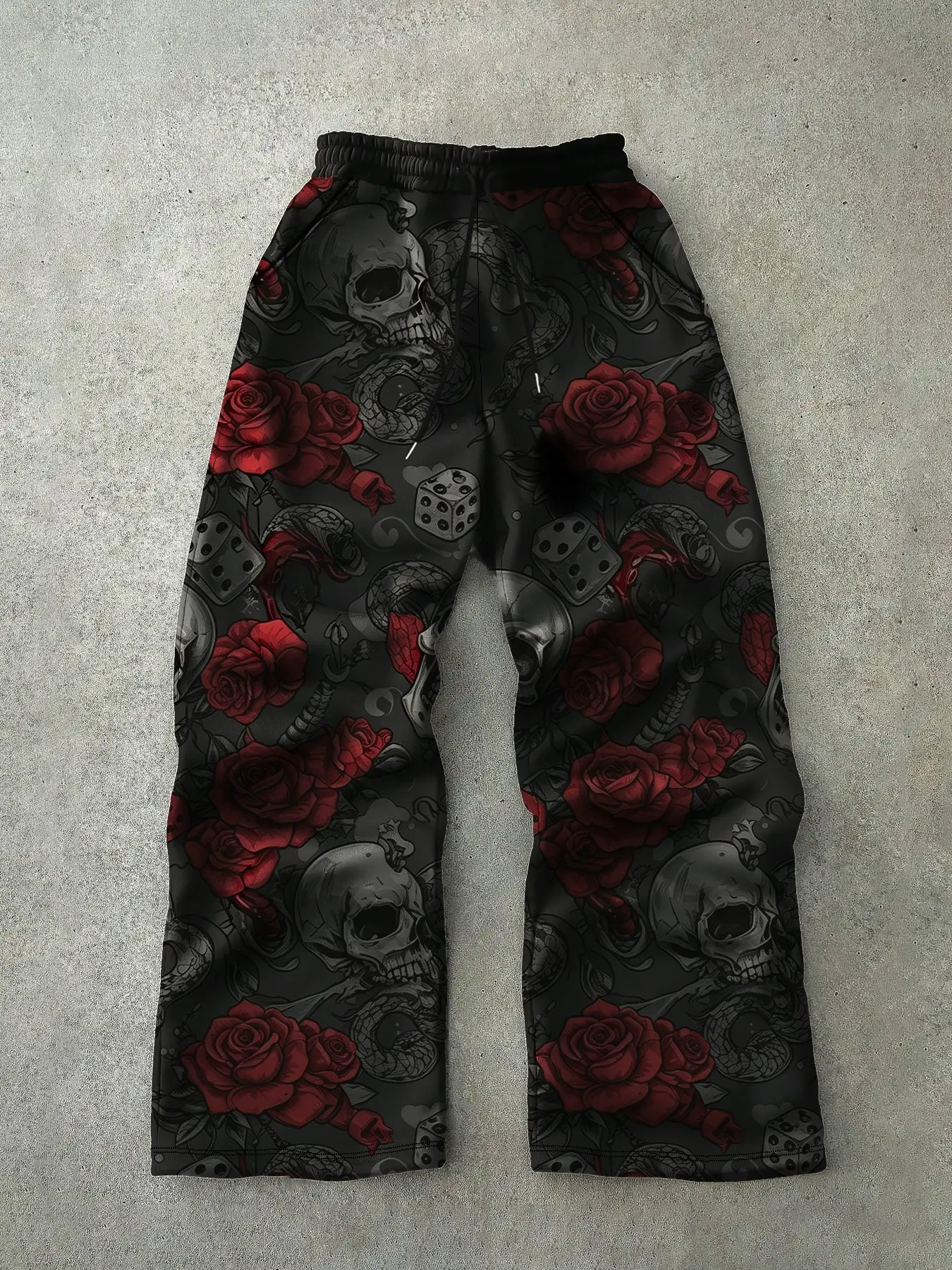 Men's Black Drawstring Elastic Waist Wide Leg Pants, Red Rose Skull Snake And Dice Full Over Print, Loose Straight Fit, Dark Gothic Streetwear Daily Trousers