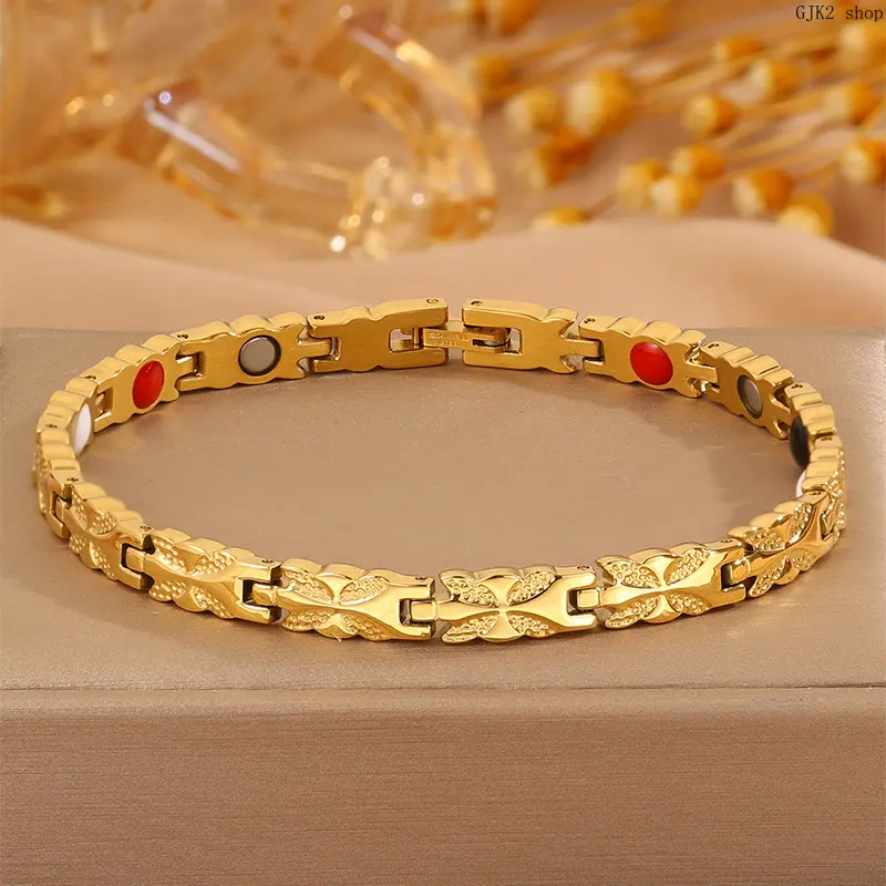 Gold Tone Carved Floral Motif Magnetic Link Chain Bracelet - Classic Decorative Costume Jewelry for Daily Wear, Chain Bracelets
