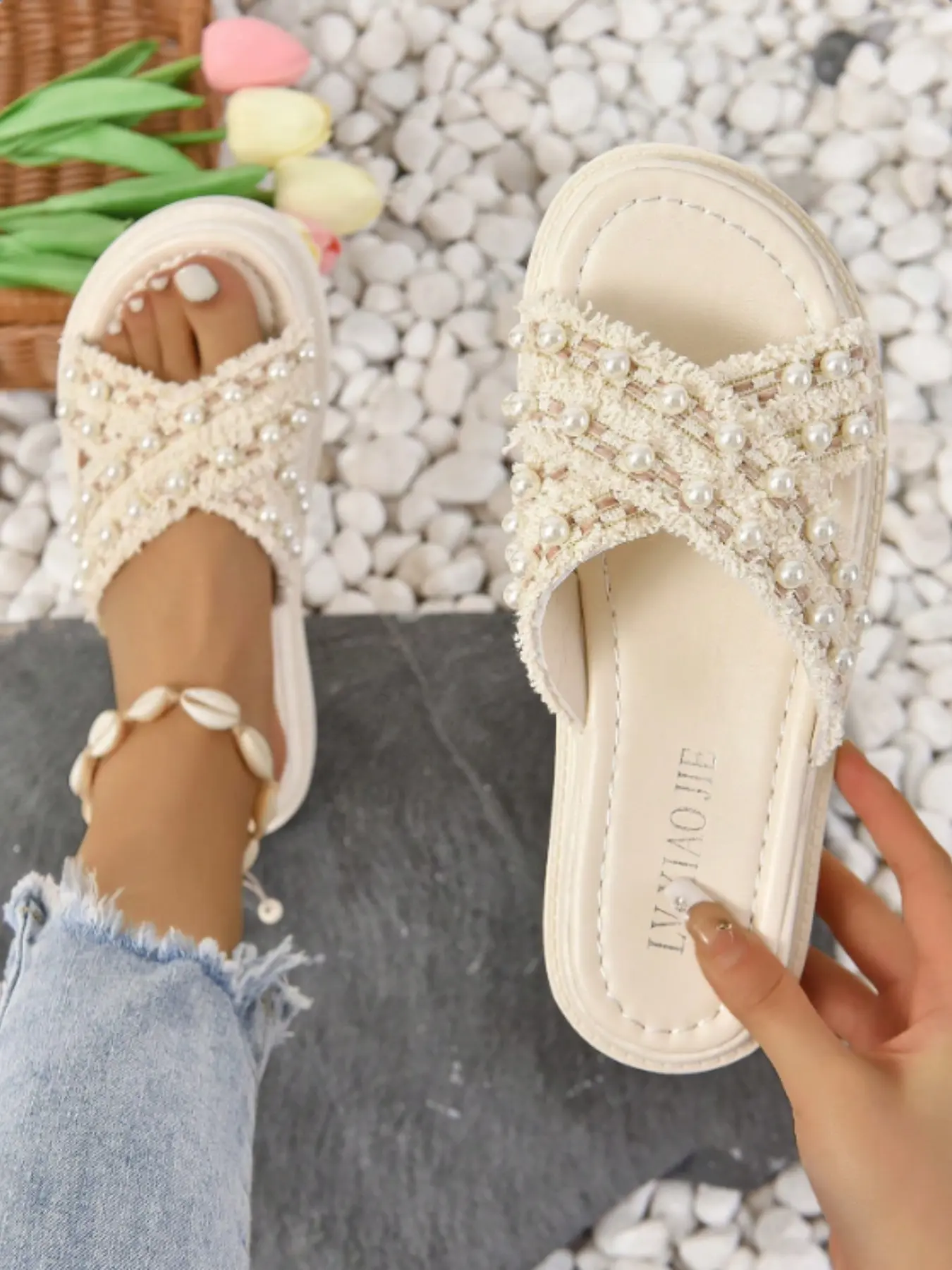 2026 Boho Sandals with Pearl Decor, Textile Upper, Rubber Sole, All over Print, Summer Footwear for Women, Comfortable & Stylish