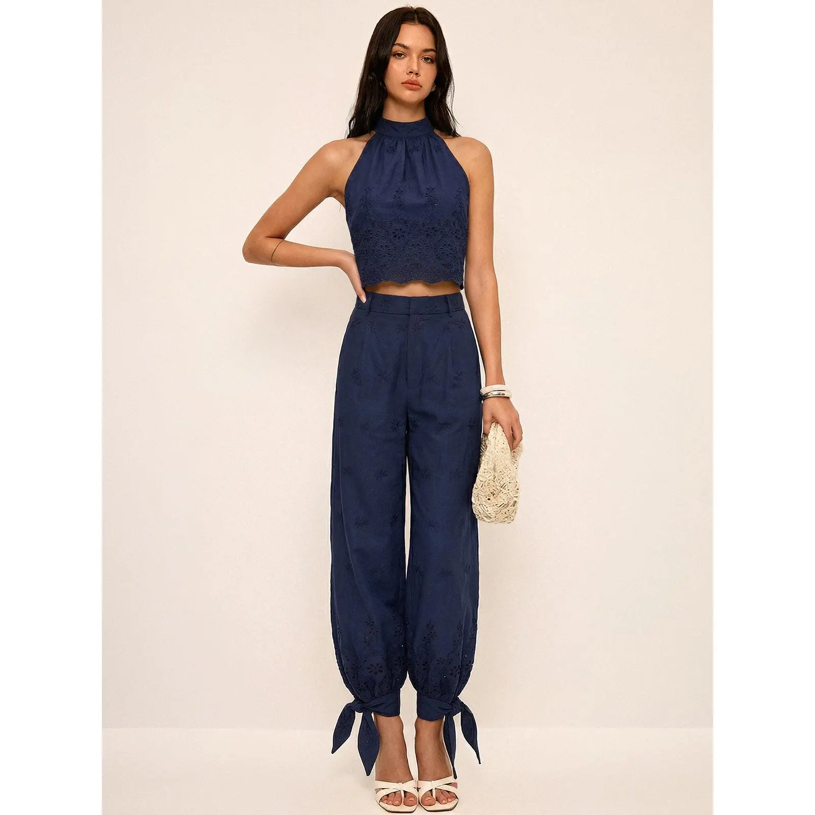 Eyelet Embroidery Top & Tie-Cuff Pants Set