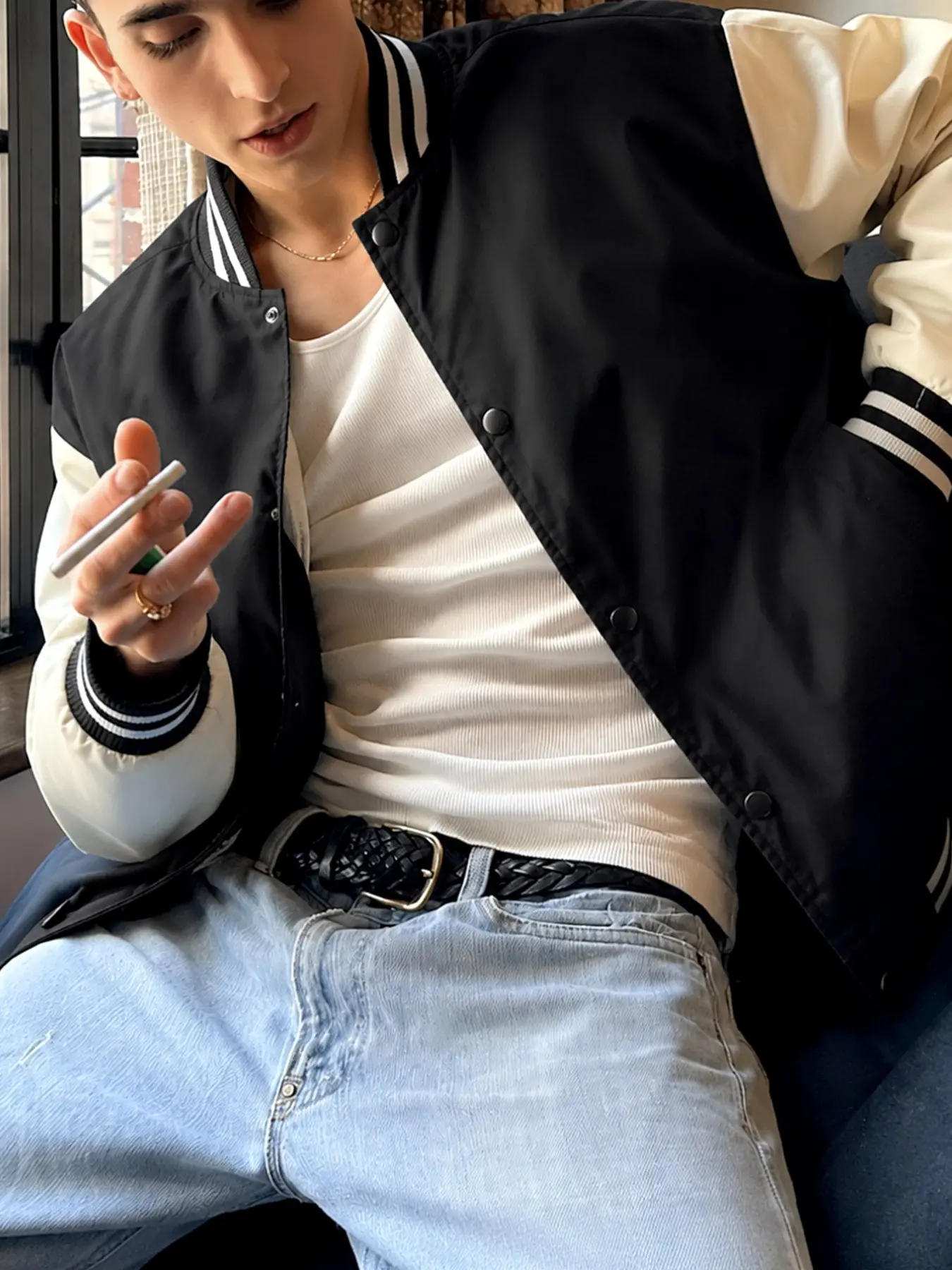 1 piece Men's Vintage Black-and-White Color-blocked Baseball Jacket, a must-have for campus wear in spring and autumn, versatile casual unisex couple outerwear