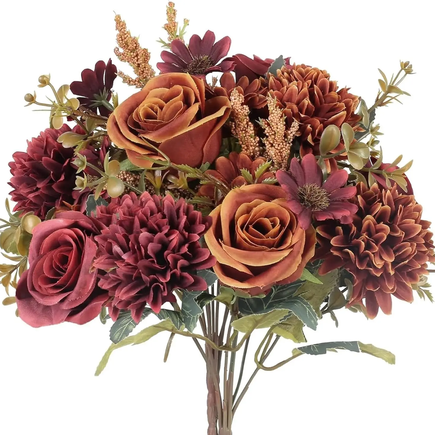 8-Pc Faux Silk Autumn Flower Bouquet, Orange & Red 2-Color Roses With Hydrangeas, Artificial Fall Florals For Thanksgiving Centerpieces, Home & Wedding Decor