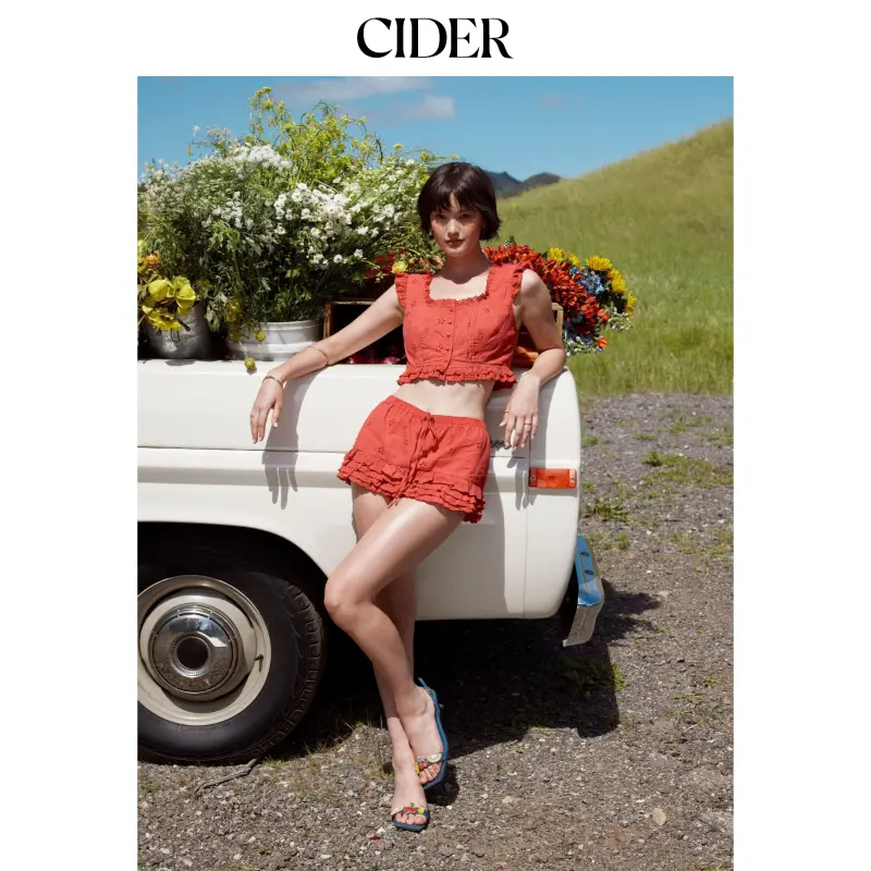 Cider Cotton-blend Square Neck Ruffled Top & Low Rise Embroidery Ruffle Hem Mini Skirt Set