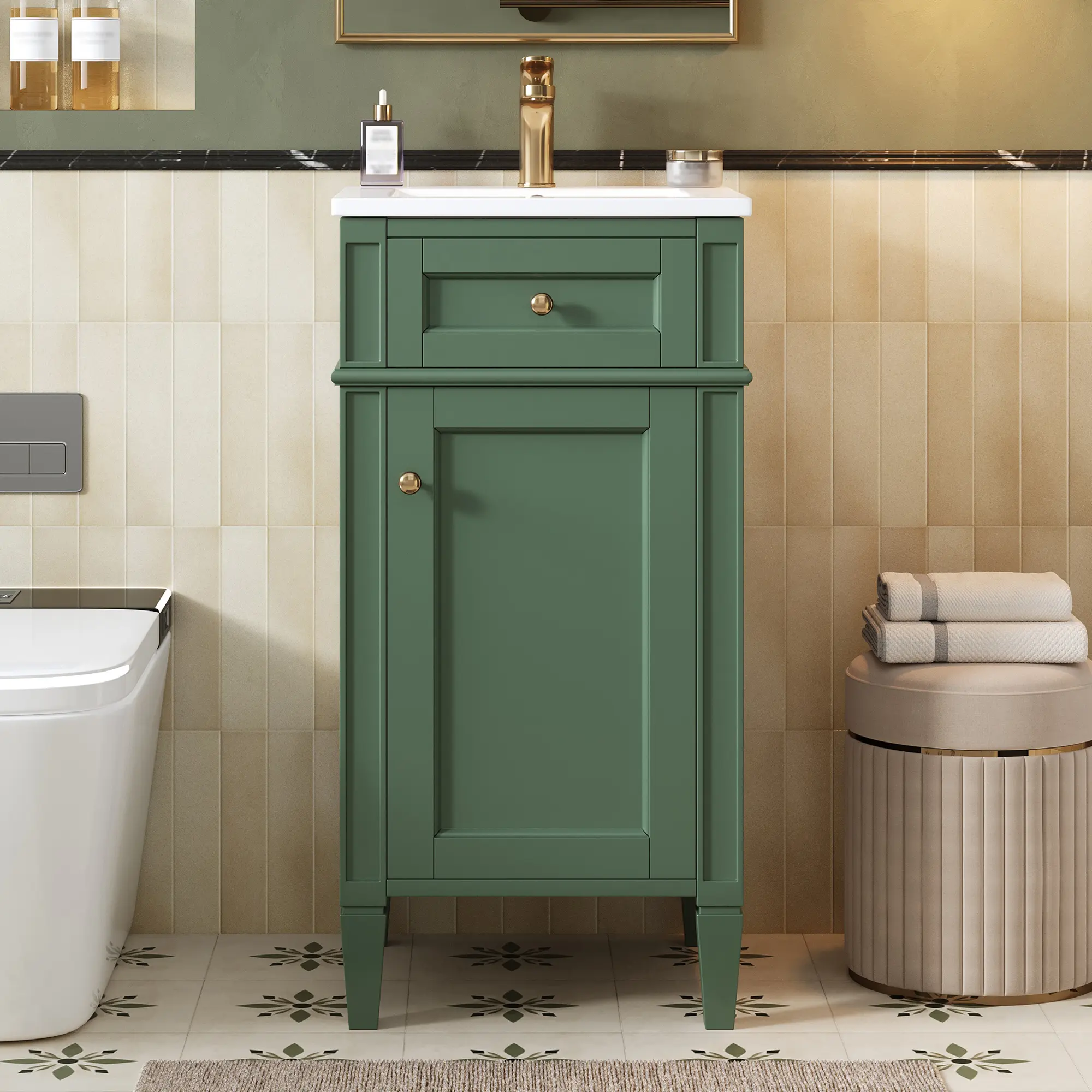 ARCH 16-Inch Bathroom Vanity with Ceramic Sink, Freestanding Single Cabinet with Soft-Close Door, Adjustable Shelf, French Style, Solid Wood Legs, Green MDF, Compact Floor Storage for Small Bathroom or Powder Room, Green Color Options