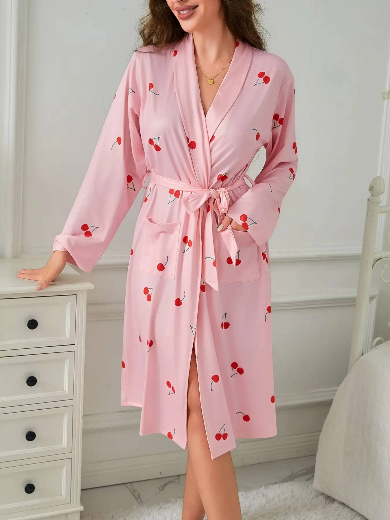 Women's Cherry Print Nightgown with Pockets, Tie-Back Long Sleeve Collar Robe, Sweet Comfortable Home Wear, Casual Sleepwear