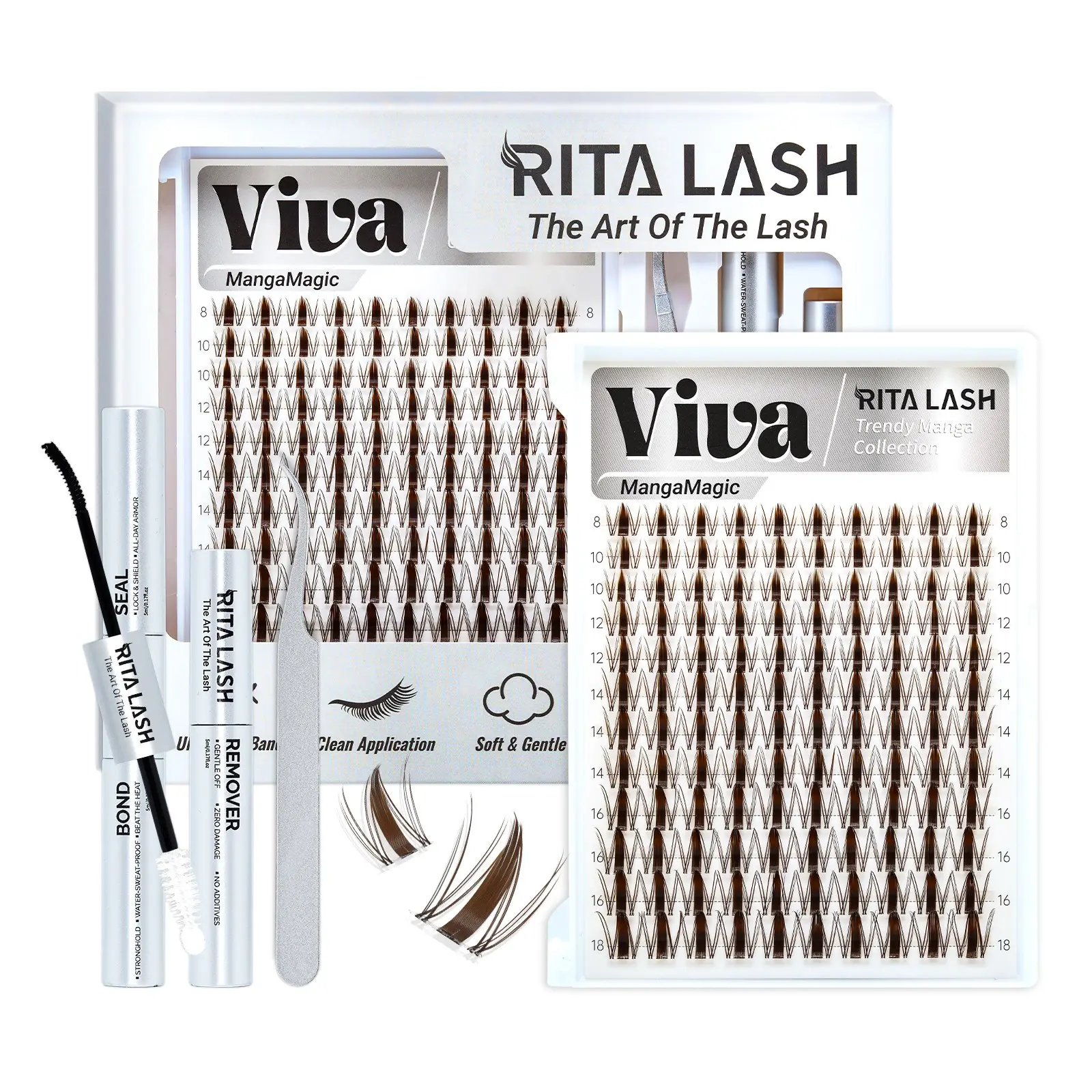 Viva | RITALASH 120PCS Dark Brown - Manga Kit Lashes with Ultra-Dense, Waterproof, Long-Lasting Lashes | Fairy | Fashion Wet Look | Beginner-Friendly DIY Lashes for a Flawless Look with Bond&Seal Remover and Tweezers