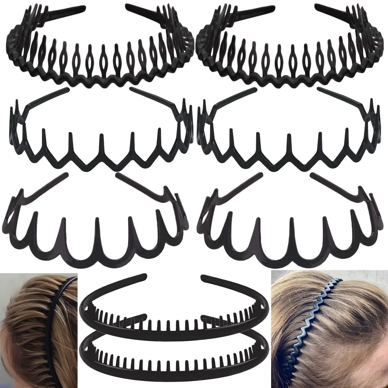 Unisex Arc-Shaped Skinny Polycarbonate Headbands - 8-Count Matte Black No-Slip Effortless Hair Accessories with Comb, Elastic Fit for Women Teens
