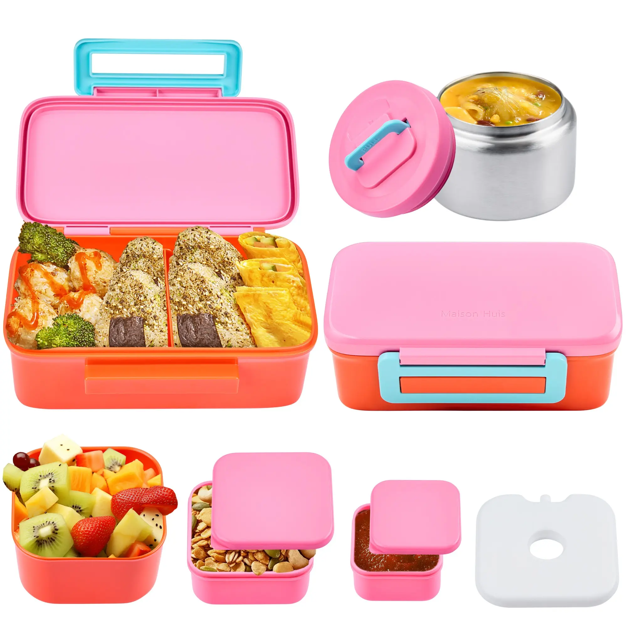 Horizontal Narrow Single Person Lunch Box with Containers, 8oz Soup Bowl, Sauce Jar, Four Color Options, Convenient Meal Solution