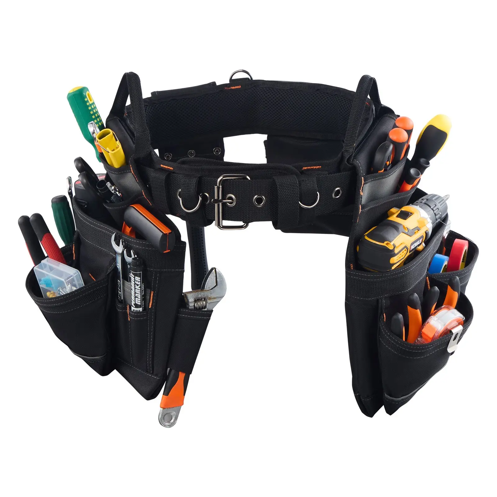 VEVOR Professional Tool Belt for Men - 18 Pockets Heavy Duty Adjustable Utility Belt with Detachable Bag, 31in-51in Adjustable Size, Construction Work Organizer for Electricians, Carpenters
