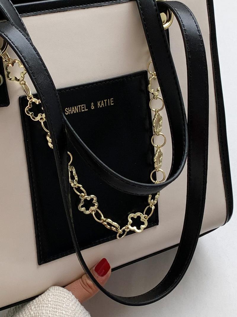 Fashion Chain Decorated Tote Bag As Summer Outfits 2024, Elegant Colorblock Letter Label Design Shoulder Bag for Women, All-match Commuter Bag for Work & Daily Used