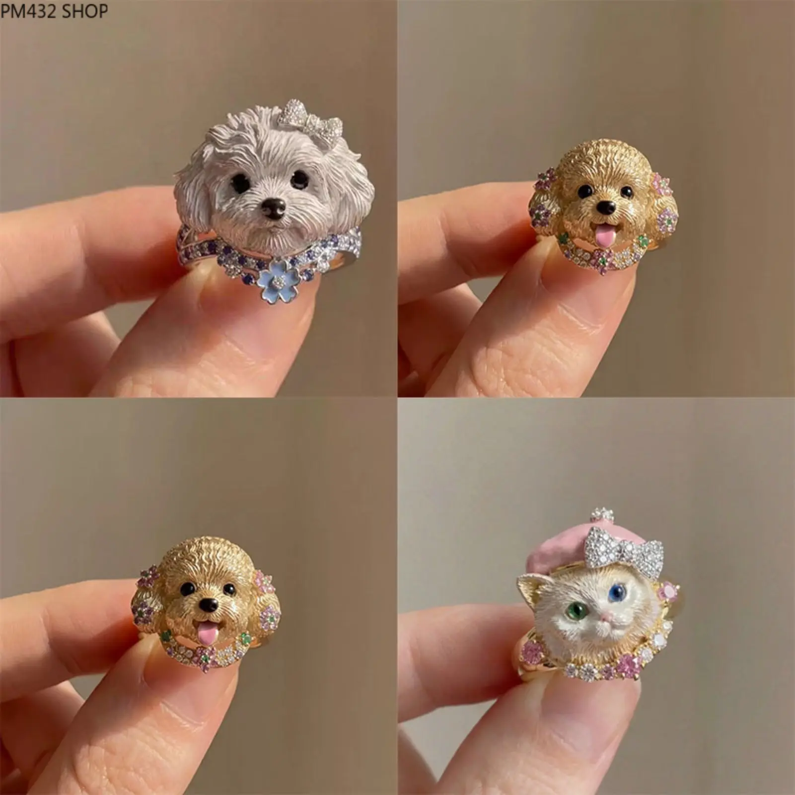 Cute Bichon Frise Dog Ring for Women – Sparkling Teddy Puppy Design Adjustable Fashion Ring, Crystal Pet Animal Jewelry, Sweet Girly Gift for Friends & Pet Lovers