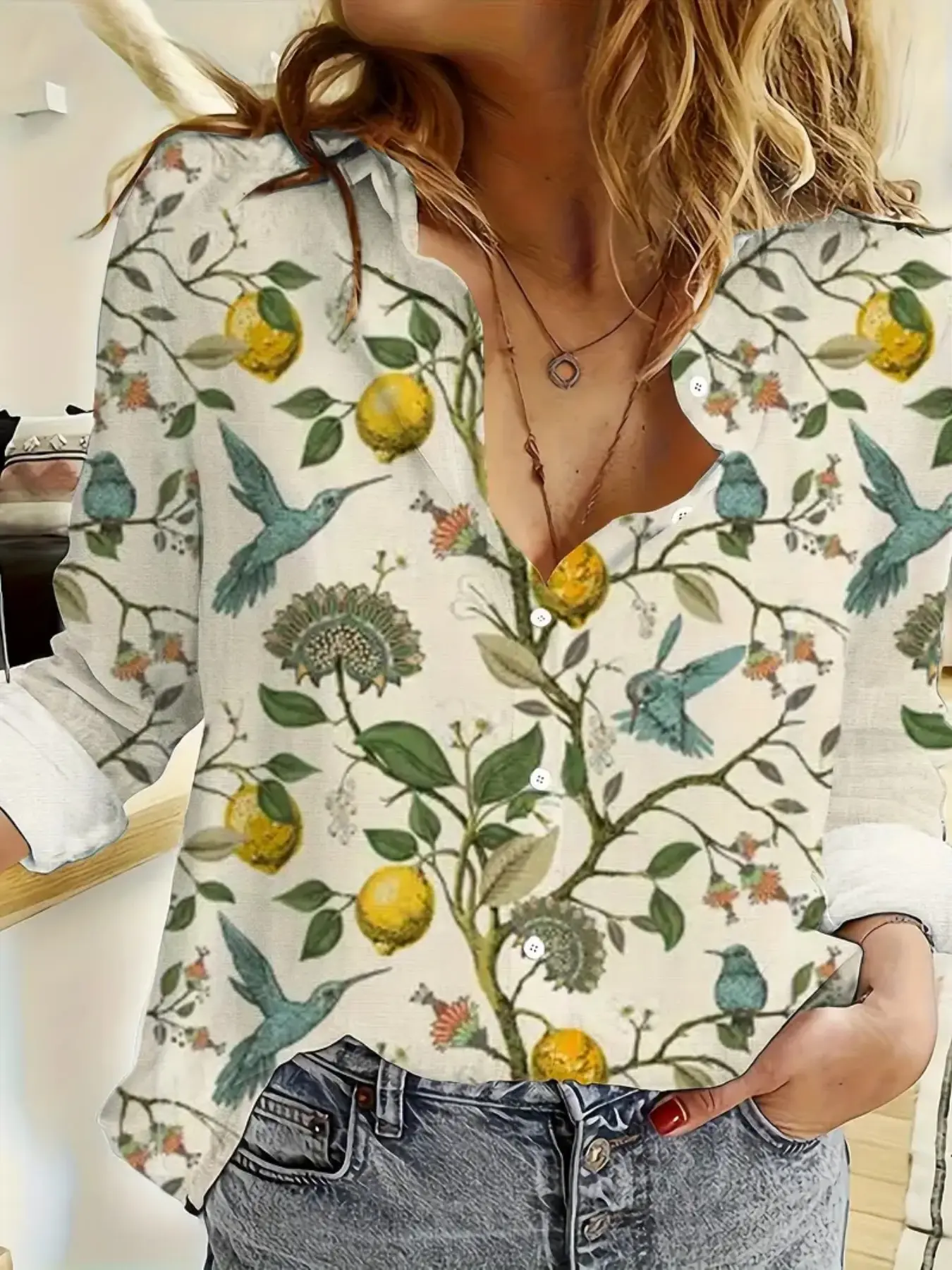 2026 New Women's Country Style Floral Plant Lemon Bird Collar Button Blouse, Spring Summer Slimming Versatile Casual Top, Sleeveless Loose-Fitting Shirt