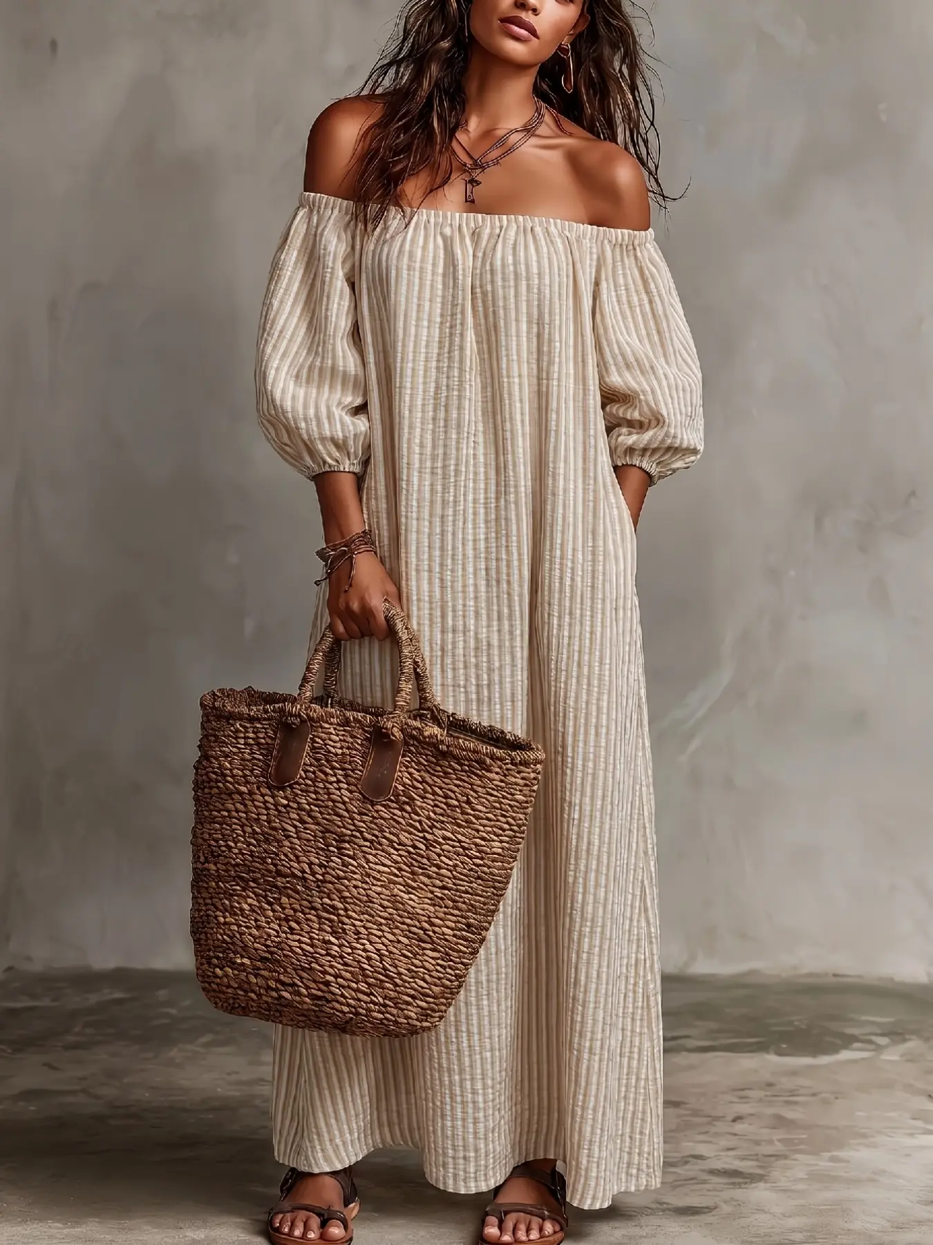 Women's One-Shoulder Bubble Sleeve Long Dress, Stripe Loose Straight Doll Dress, Boho Bohemian Style, Breathable Fabric, Side Pockets, Chic Vacation Wear