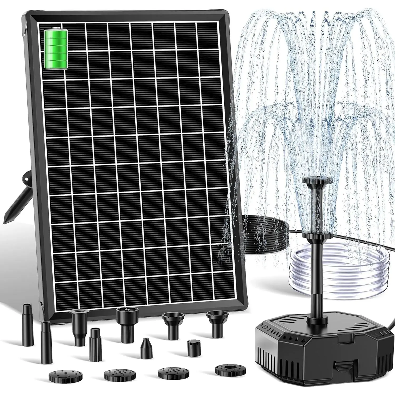 6.5W Solar Pond Filter with Battery Backup, 300L/H Solar Water Fountain Pump with 8 Nozzles & PVC Tubing, Solar Powered Filter Box for Bird Bath, Garden Ponds, Fish Tanks & DIY Water Features