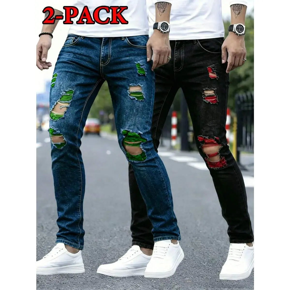 2-Pack Men's Shredded Contrast Color Fashionable Slim Fit Stretch Jeans