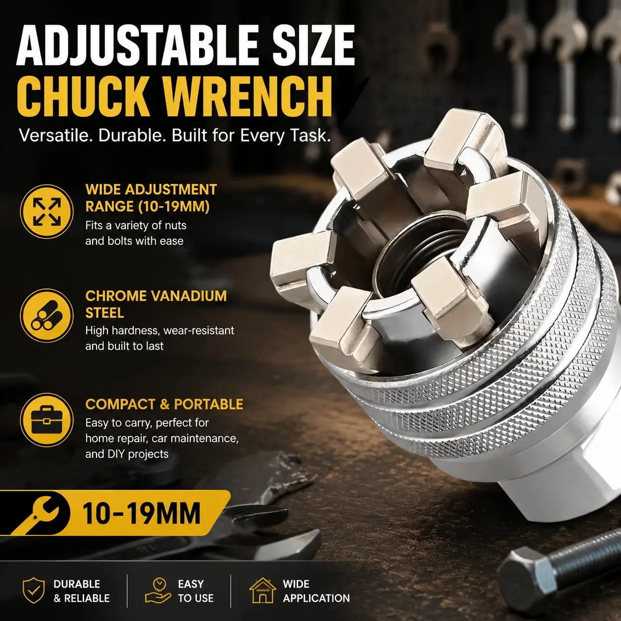 10-19mm Chrome Vanadium Steel Adjustable Socket Wrench Set Non-Slip Anti-Rust Universal Tool Kit for Car Repair Home DIY Maintenance Accessories