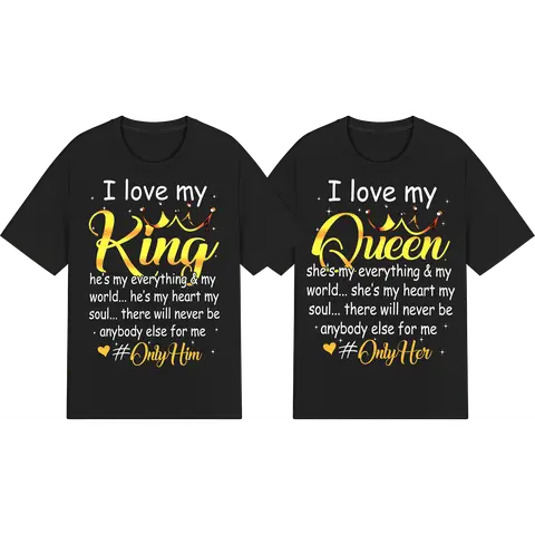 Unisex Classic "I Love My King Queen" All-Over Print Crew Neck T-Shirt - Loose-Fit Breathable Fleece Cotton Fabric Top, Cold Wash Streetwear Casual Sports & Outdoor Pullover for Couples