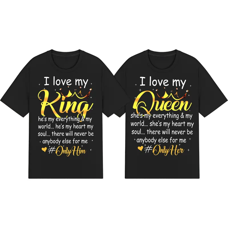 Unisex Classic "I Love My King Queen" All-Over Print Crew Neck T-Shirt - Loose-Fit Breathable Fleece Cotton Fabric Top, Cold Wash Streetwear Casual Sports & Outdoor Pullover for Couples
