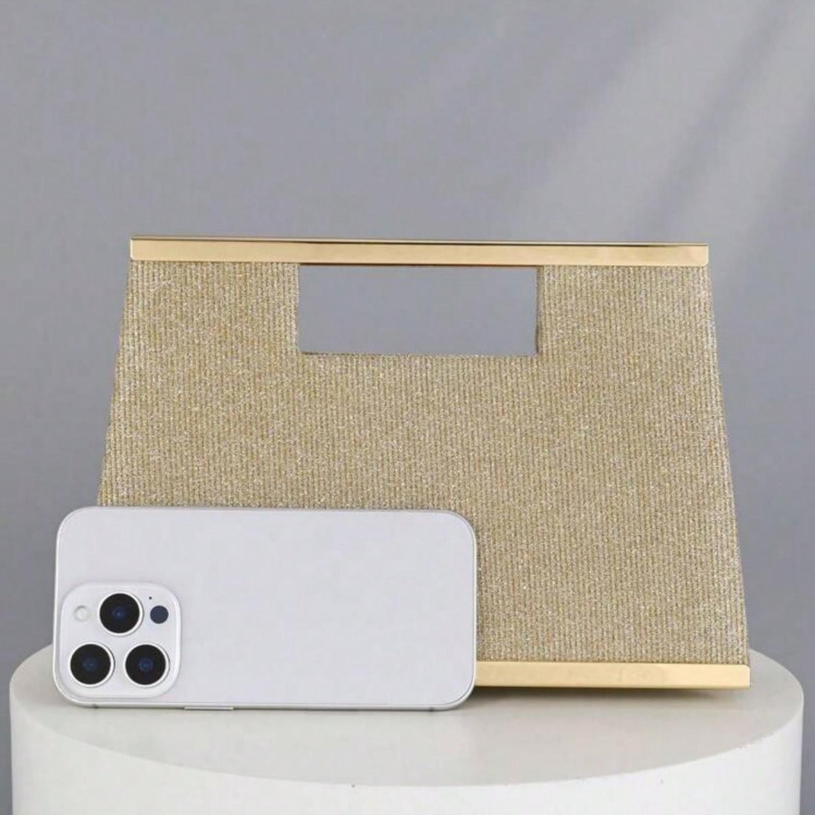 Fashionable Metallic Clasp Evening Clutch, Crossbody Purses Sparkling Gold Metallic Bar Design, Luxury & Elegant Formal Handbag for Gala, Party, Wedding, Includes Detachable Chain