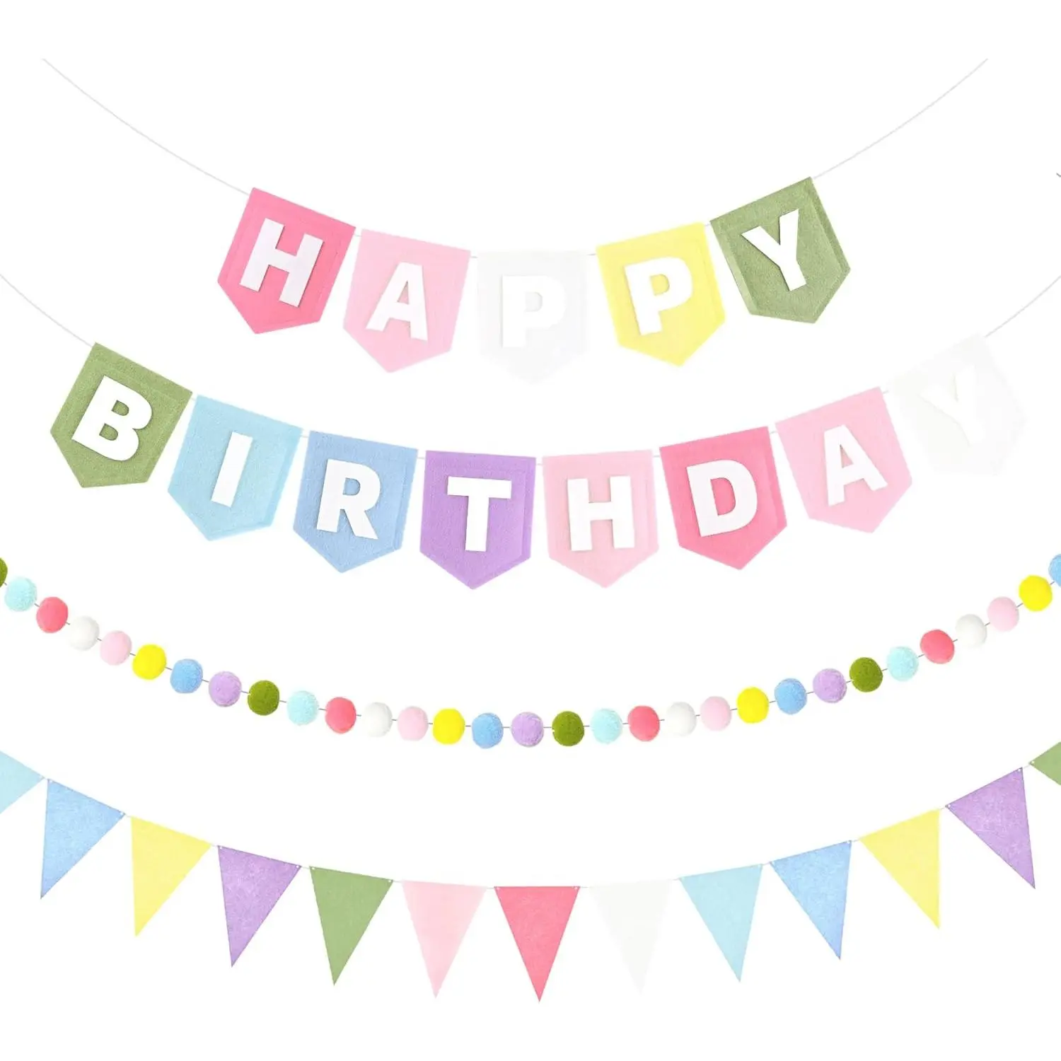 3 PCS Pastel Pre-Strung Happy Birthday Banner Decorations Felt |   Birthday Decorations for Women Girls, Colorful Reusable HAPPY BIRTHDAY Sign for Backdrop, Pom Pom Garland, Triangle Bunting