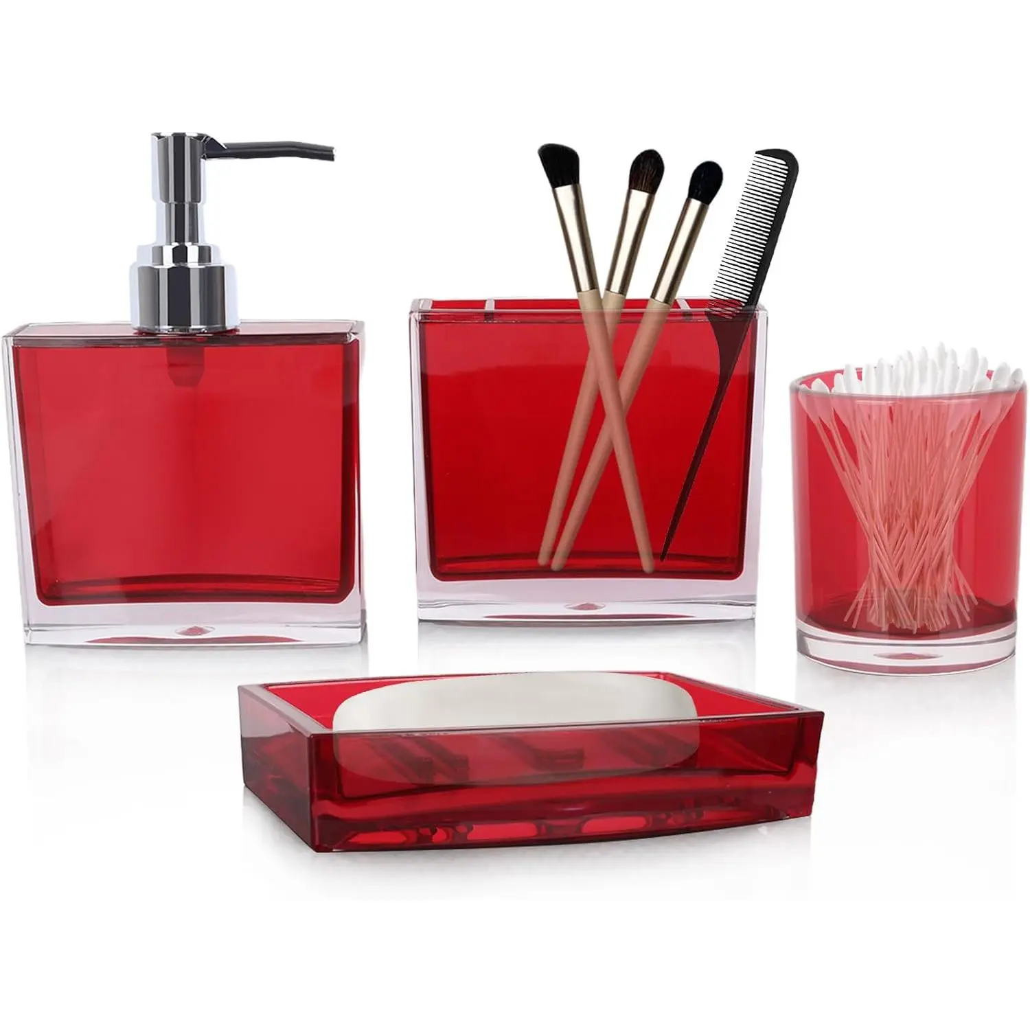 LGURT 4-Piece Colorful Glossy Red Acrylic Bathroom Accessory Set - Pump Soap Dispenser, Toothbrush Holder, Soap Dish, Mouthwash Cup, Vanity Countertop Organizer, Ideal Gift for Red Bathroom Decor