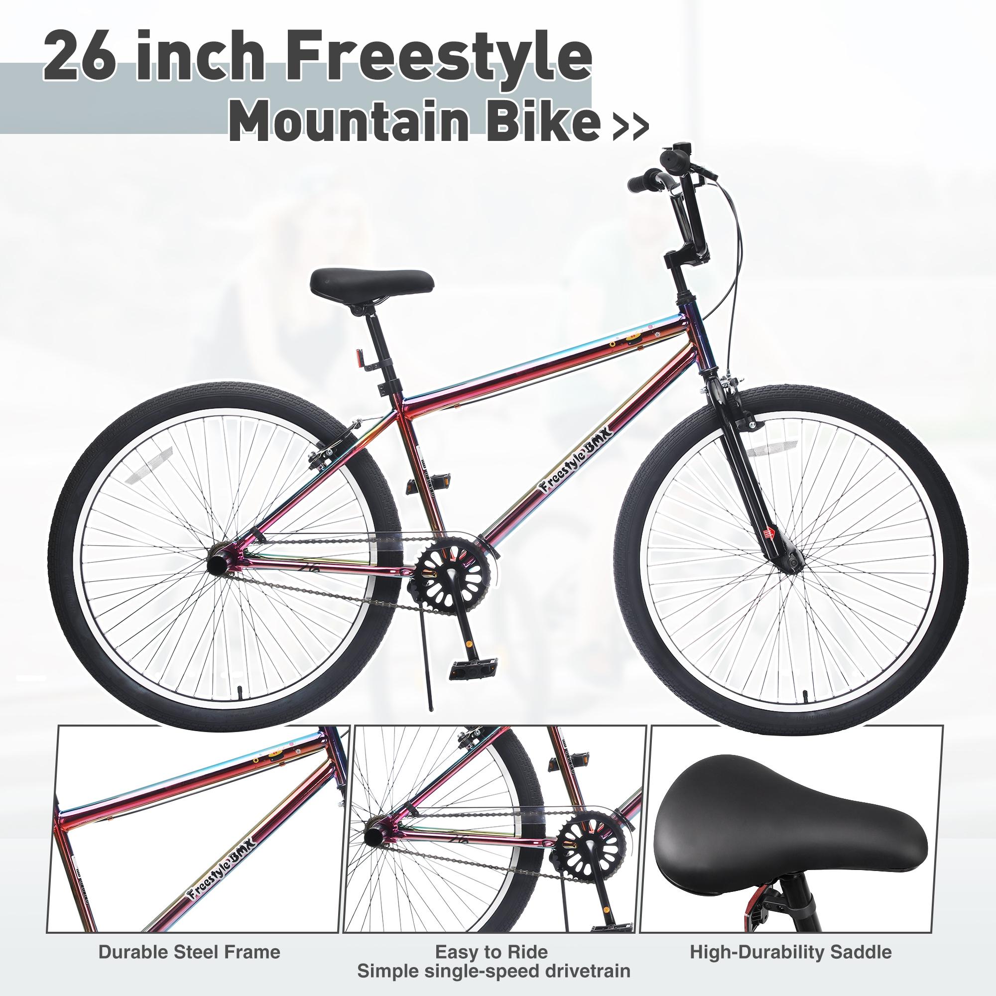 26 Inch Freestyle Bike for Teens 14+, Steel Frame Single-Speed Bicycle with 2 Pegs, Front Caliper Brake & Rear V Brake, Durable Street BMX Bike for Boys Girls Indoor Outdoor Sports