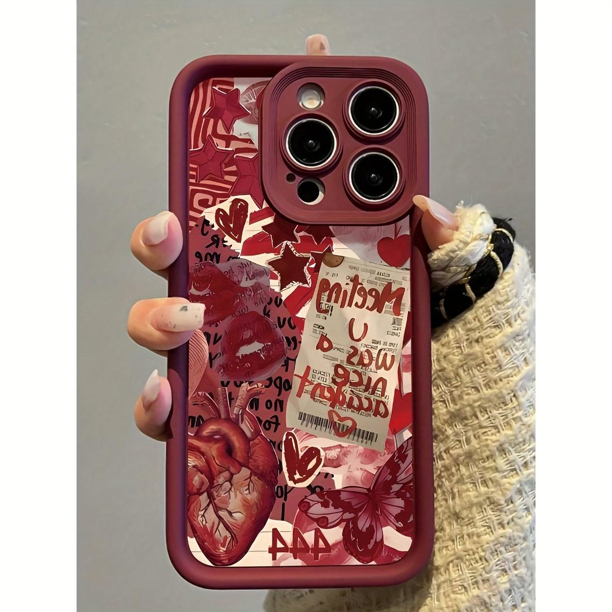 Phone case: Wine Red Base with Romantic Collage Elements Trendy Romantic Style Phone Case Compatible with iPhone 17 E Air Pro ProMax iPhone16 15 14 Plus 13 12 Mini 11 X XS XR