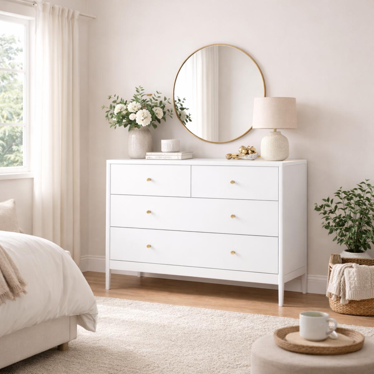 White 4-Drawer Kids Dresser, Wooden Storage Cabinet for Toddler Bedroom, Nursery, Closet, Baby Nightstand Organizer for Living Room or Apartment, 35.4" Wide    RR