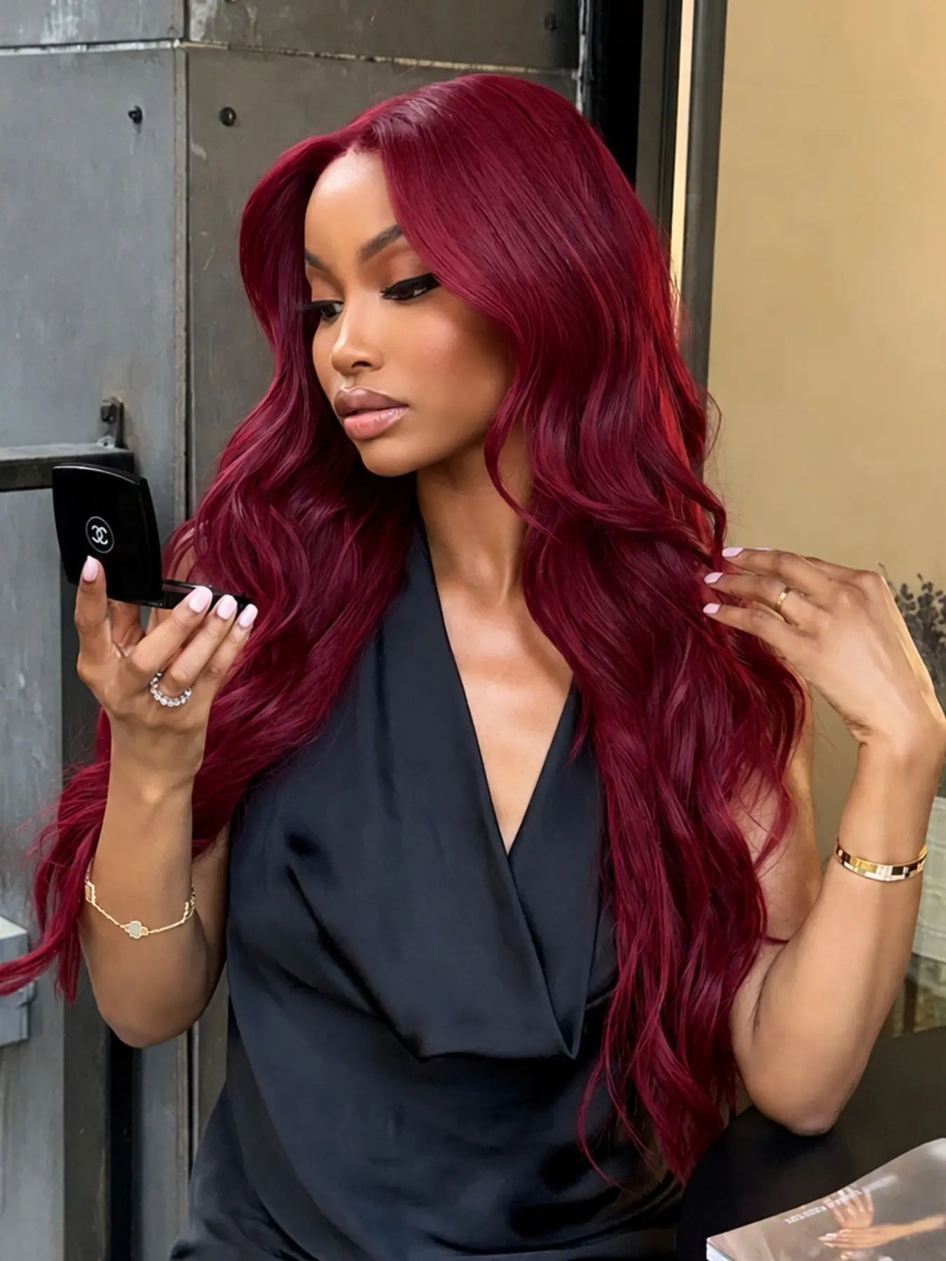 26 Inch Burgundy Red Body Wave Lace Front Wig Heat Resistant Synthetic Hair Glueless Natural Hairline for Daily & Party Wear