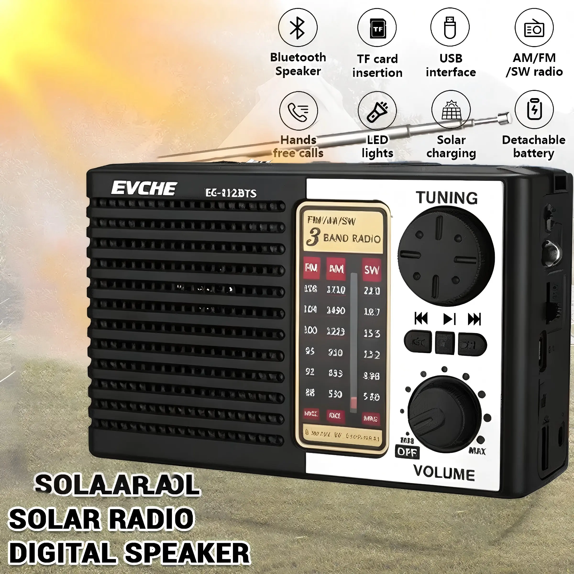 Portable Solar Radio with Mp3 Player, High-Quality Digital Sound, Fm/am Dual Bands, Short Wave Receiver, Rechargeable Mobile Charging, Compact Design