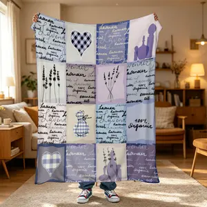 One PC Short Plush Flannel Blanket,Patchwork grid+text pattern,Smooth flannel blanket, light warm, anti-pilling lint-free. Throw for living room, bay window, holiday gift, daily pet blanket