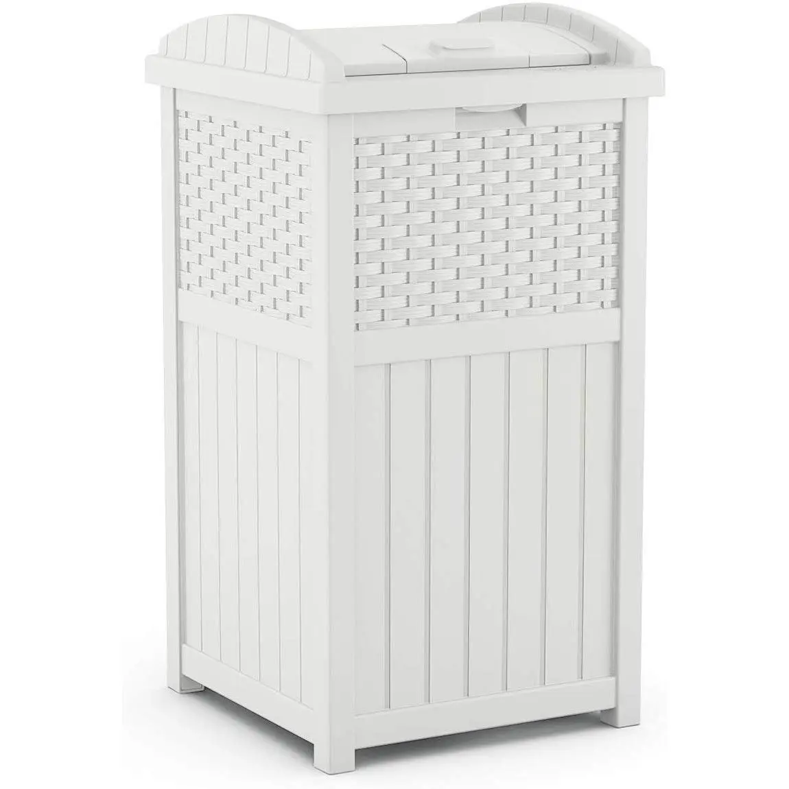 Hideaway Outdoor Trash Can with Lid - 30 Gallon Decorative Wicker-Style Garbage Bin, Weather-Resistant Resin, White, Fits 30-33 Gallon Bags, Ideal for Patio & Yard, Made in USA