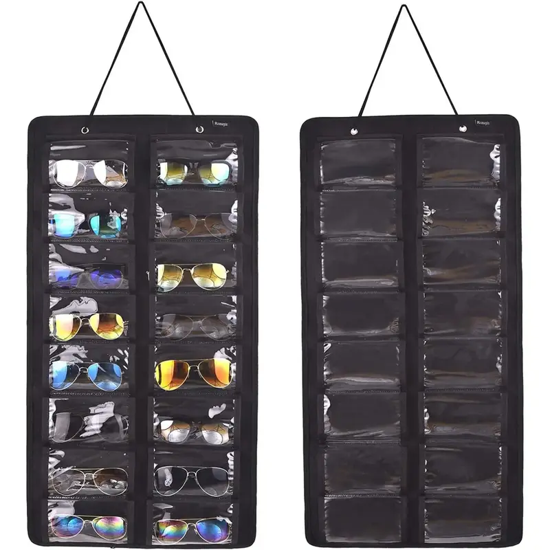 Sunglasses Storage Organizer, Hanging Dust-Proof Wall Pocket Glasses Organizer, 16 Felt Slots Sunglass Organizers Holder with Metal Hook and Sturdy Rope, Eyewear Display, Dustproof Storage