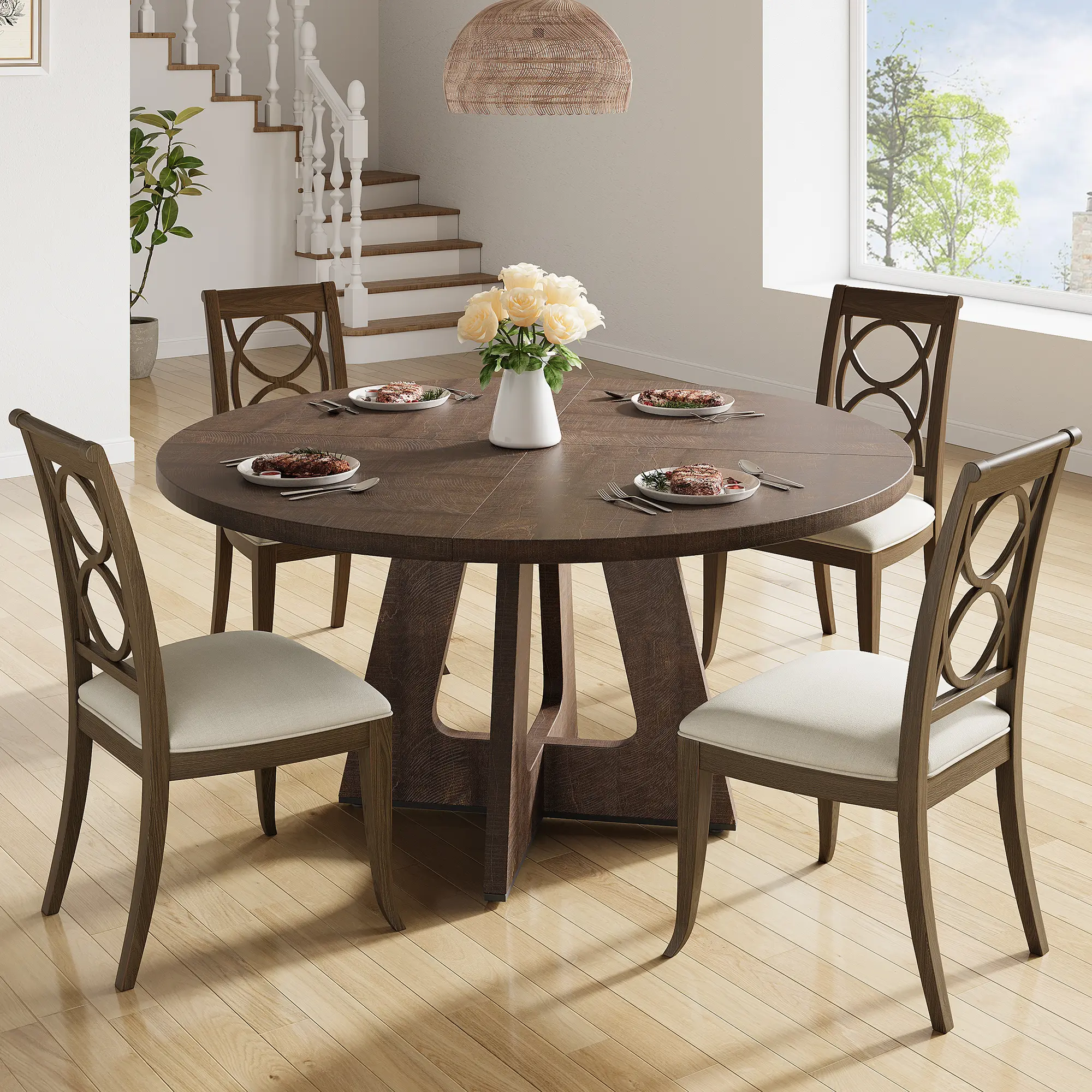 47-Inch Farmhouse Circular Round Table with Solid Wood Grain Pedestal Stand - Seats 4-6, Rustic Modern Indoor Furniture - Table Only (No Chairs) for Kitchen, Dining Room - Grey or Rustic Brown