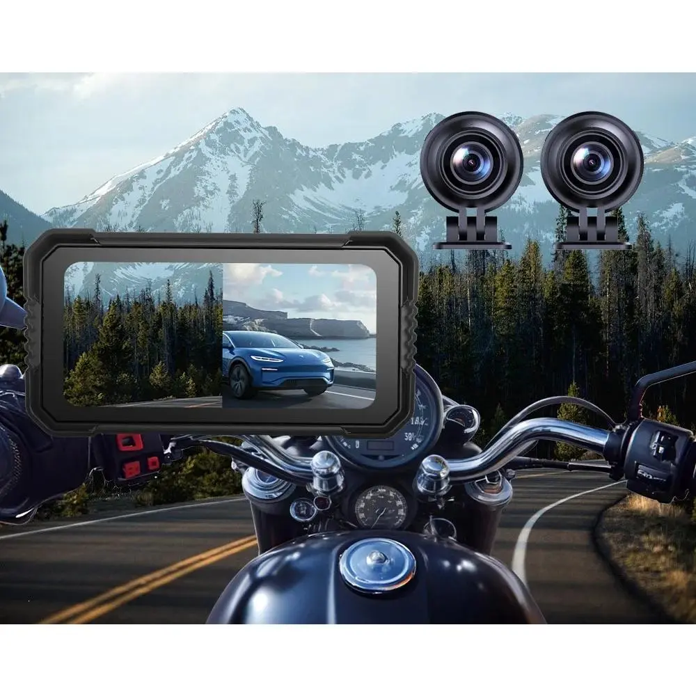 5 Inch Motorcycle Smart Screen with Wireless CarPlay, Android Auto, Dual 1080P Dash Cam, GPS, IP67 Waterproof