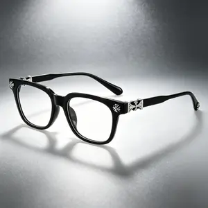 Classic Flat Lens Blue Light Blocking Fashion Eyeglasses, Unisex Full Rim Plastic Fashion Square Frame Plain Glasses, Luxurious Cross Design, Lightweight RetroAnti Eye Strain Ultra Light Durable Eyewear, for Men Women Office Work Daily Study Gaming Use`