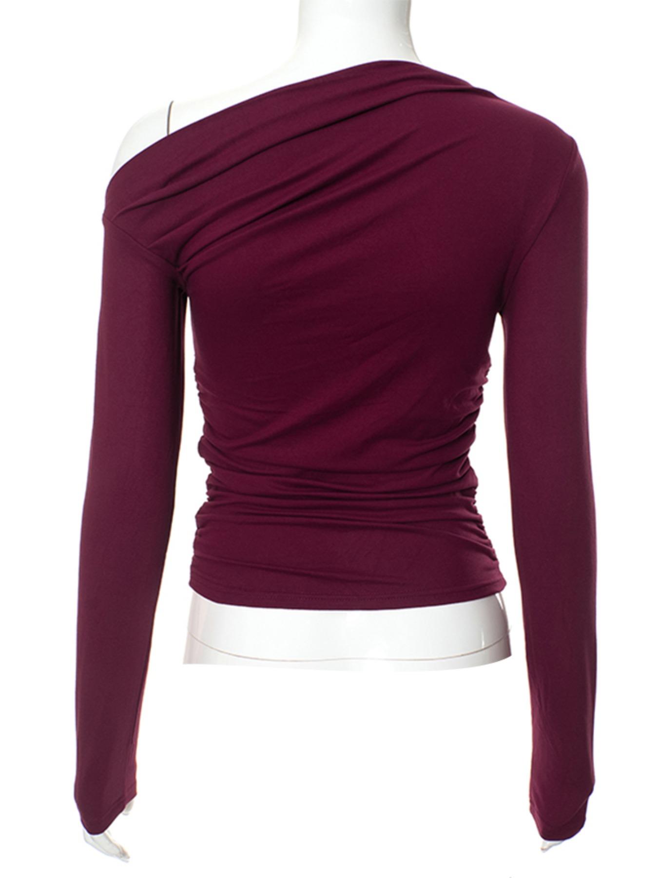 Women's Plain Ruched Asymmetrical Neckline Crop Tee, Casual Long Sleeve T-shirt for Daily Wear, Valentine's Day Gift, Ladies Clothes for All Seasons