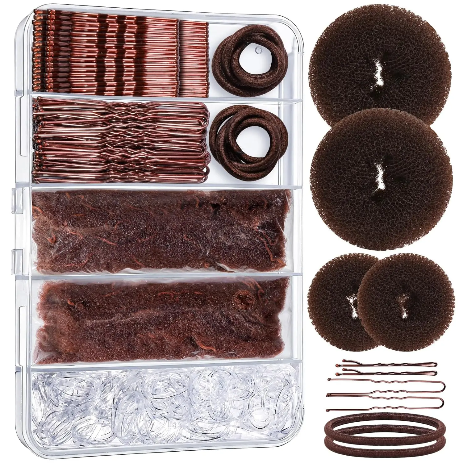 YGDZ 200 PCS Hair Bun Maker Set, 4 Pcs Hair Donuts, 10 Pcs Brown Hair Nets for Buns, 80 Pcs Bobby Pins for Women, Girls, Elastic Ties, Dance Hair Accessories, Ballet Bun Kit, Brown