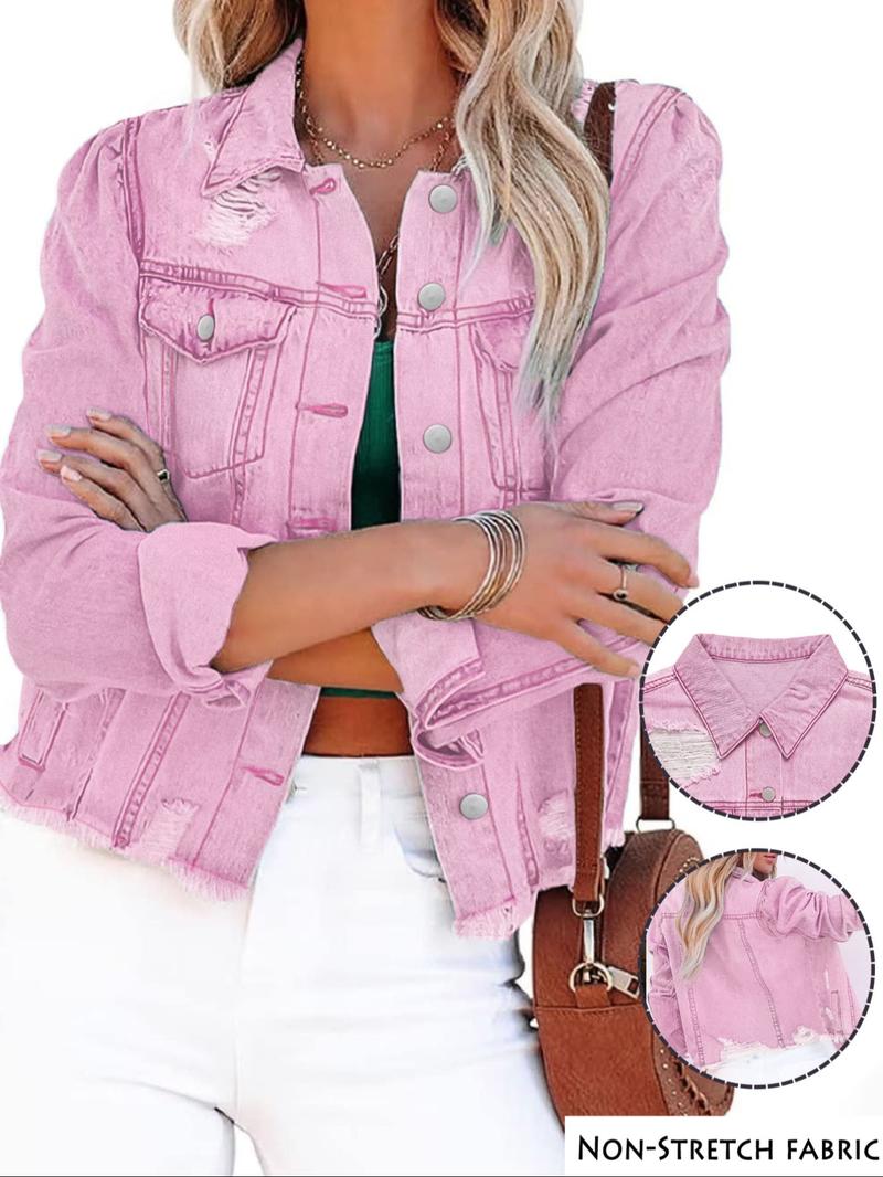 Women's Plain Ripped Raw Hem Denim Jacket, Casual Long Sleeve Button Front Outerwear for Daily Wear, Ladies Clothes for All Seasons