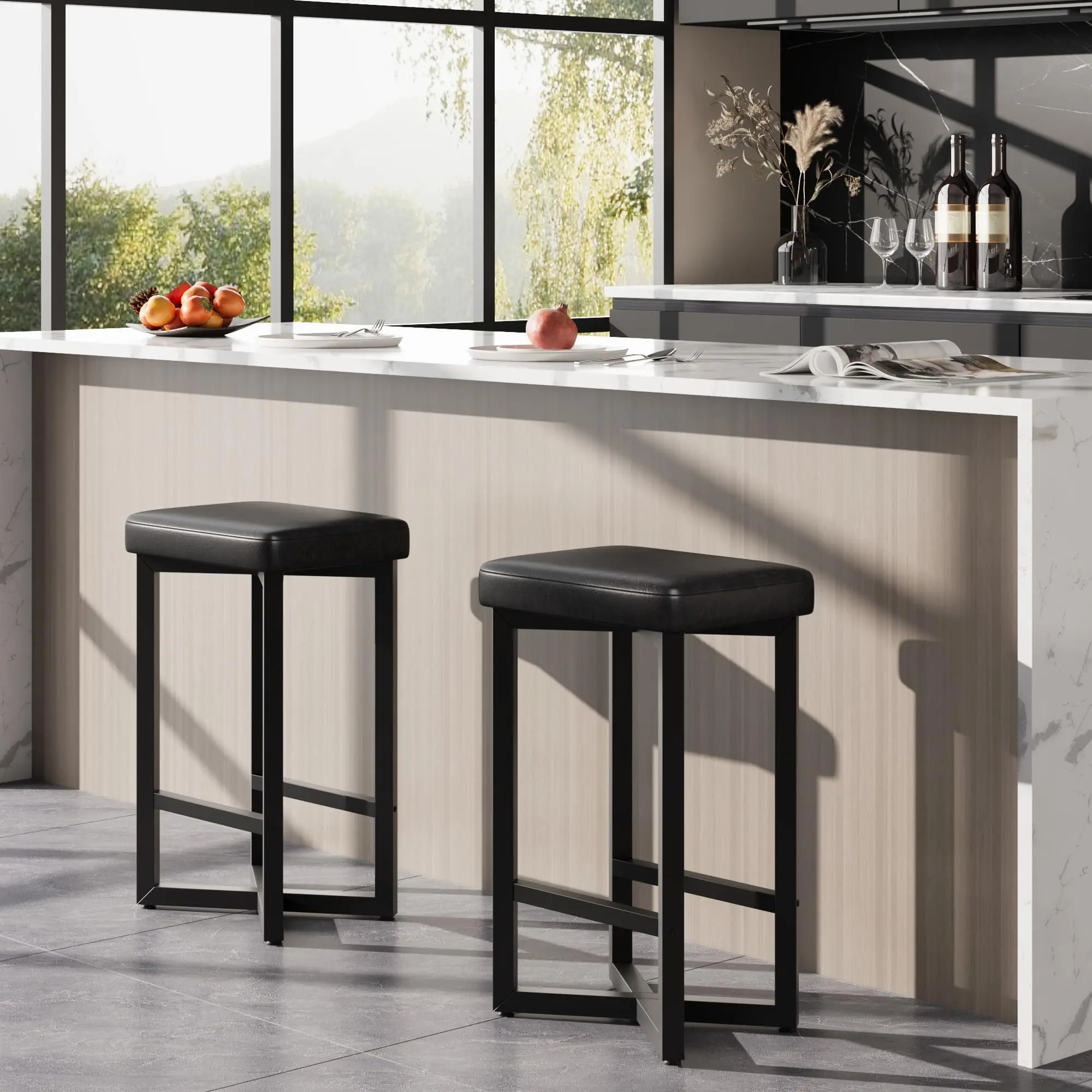 Garvee 24.6" Counter Height Backless Bar Stools | Vintage Brown PU Leather Bar Chairs with Metal X-Frame & Footrest